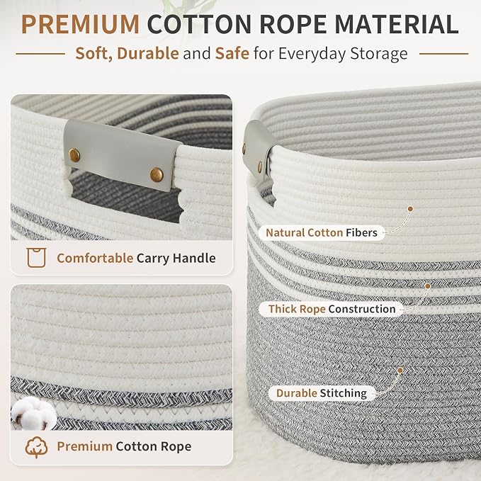 Laundry Hamper with Handles, 72L Rope Laundry Basket, Grey | Cotton rope clothes hamper with leather handles holds blankets, pillows, toys and laundry in nursery, bedroom or living room