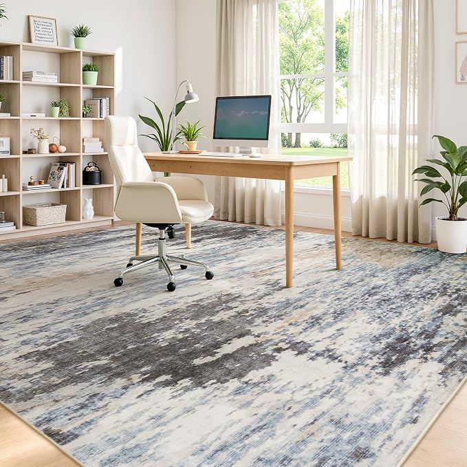 8x10 Area Rug for Living Room, Abstract Washable Large Rugs, Grey/ Blue | Neutral Carpet for Bedroom, Dining Room, Home Office Nursery, Indoor, Stain Resistant, Non-Slip, Low Pile, Modern Rug