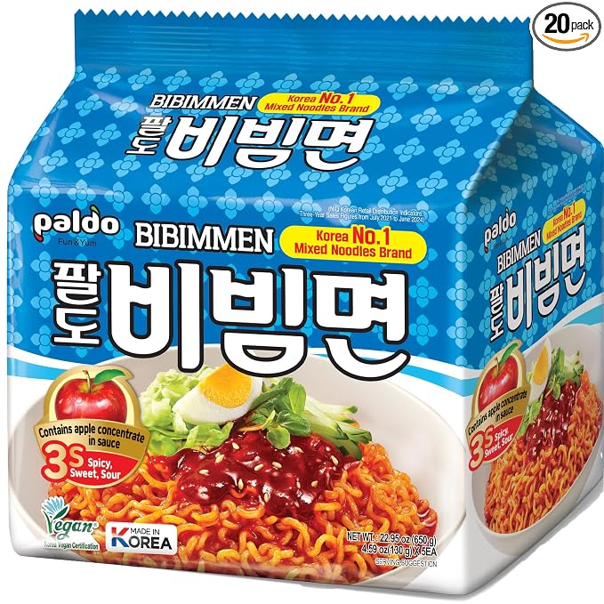 Paldo Fun & Yum Bibimmen Instant Cold Noodles, Pack of 20, Brothless Cold Ramen with Sweet & Spicy Seasoning Sauce, Oriental Style Korean Ramyun, Soupless K-Food, Family Pack (130g x 20)