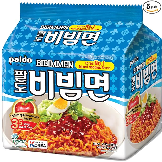 Paldo Fun & Yum Bibim Men Instant Cold Noodles, Pack of 5, Brothless Cold Ramen with Sweet & Spicy Seasoning Sauce, Oriental Style Korean Ramyun, Soupless K-Food, (130g, Pack of 5)