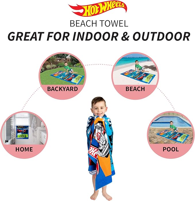 Franco Kids Super Soft Cotton Bath/Pool/Beach Towel, 58 In x 28 In, Hot Wheels
