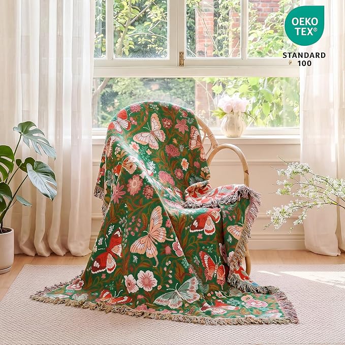 MSGKV Boho Throw Blanket 60"x80" 100% Cotton Butterfly Throw for Couch | 100% Cotton Throw, Butterfly Pattern, Reversible Woven, Lightweight Comfort, Farmhouse Decor, All Seasons, Machine Washable
