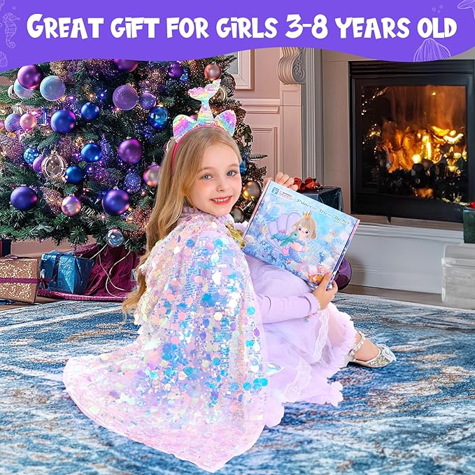 Mermaid Toys Princess Dress Up for Girls Princess Dress Up Cloak Gift Set for Little Girls 3-8 Years Old, Idea Gift for Birthday Christmas Halloween