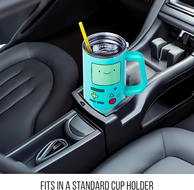 Silver Buffalo Adventure Time Featuring BMO Double Walled Stainless Steel Tumbler with Handle and Straw, Fits in Standard Cup Holder, 40 Ounces