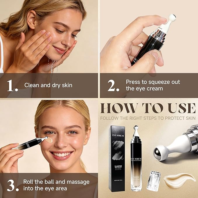 Eye Cream with 360° Roller, Anti Aging Treatment for Wrinkles & Fine Lines, Caffeine Under Eye Serum for Dark Circles & Puffiness, Retinol Peptides, 0.5 fl oz