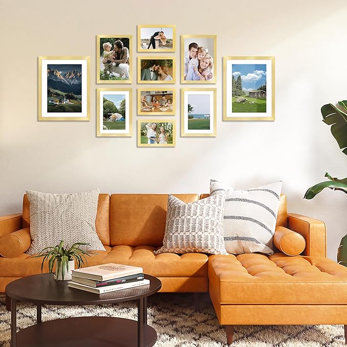 10 Pack Picture Frames Collage Wall Decor for Mounting or Tabletop Display, Gallery Wall Frame Set with Two 8x10 Gold Frames, Four 5x7 and Four 4x6 Frames, Multi-Pack Photo Frame Set