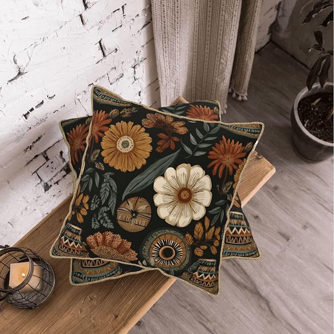 KSLIDS Boho Flower Soft Velvet Throw Pillow Covers Set of 2 Modern Abstract Retro Bohemian Flower Decorative Pillow Covers 18x18 Inch Mid Century Tropical Leaves Pillow Case for Sofa Couch Home Decor