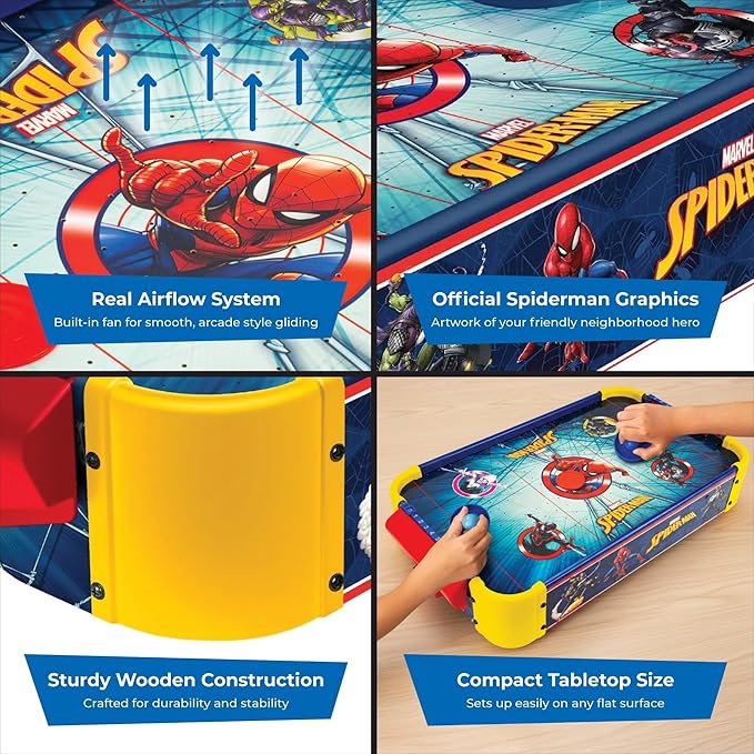 Marvel Spider-Man Air Hockey Table for Kids – Tabletop Air Hockey Game with Pucks, Pushers & Airflow System – Marvel Toys for Kids 4+