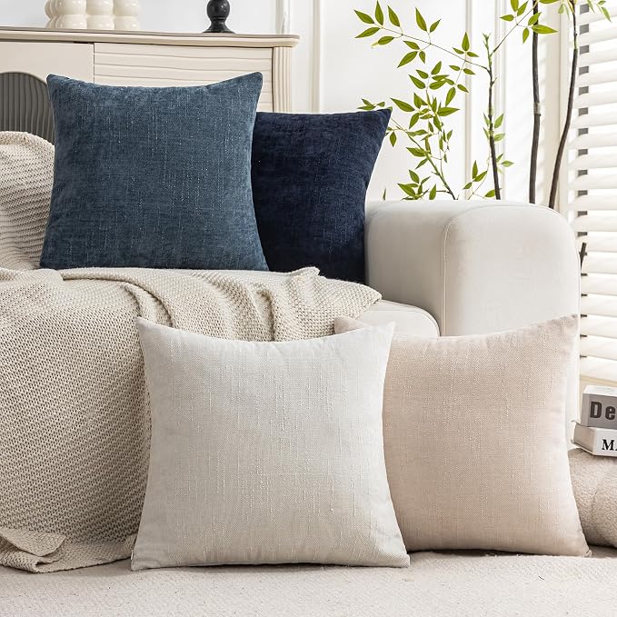 Set of 4 Soft Textured Decorative Throw Pillow Covers 20x20 Inch Cozy Farmhouse Cushion Cover Square Accent Pillow Cases for Bed Couch Sofa Living Room, Beige White Blue