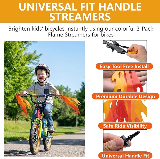 Flame Kids Bicycle Streamers, 10 Inches Flame Bicycle Tassels for Boys Girls, Colorful Bike Handle Decoration Accessories for Bicycle Handlebar Scooter Grips