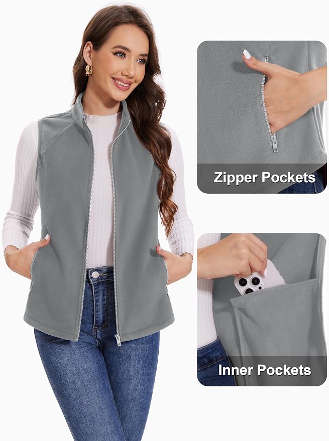 MAGCOMSEN Women's Fleece Vest with Zipper Pockets Zip Up Sleeveless Jackets Lightweight Soft Warm Polar Vest Outerwear
