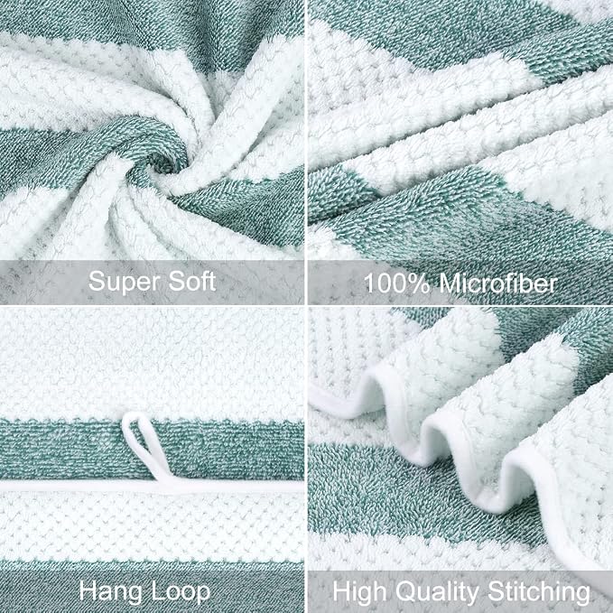 JML Microfiber Bath Towels, Bath Towel 2 Pack(30" x 60"), Oversized, Soft, Super Absorbent and Fast Drying, Multipurpose Use for Sports, Fitness, Yoga, Waffle Stripe Green