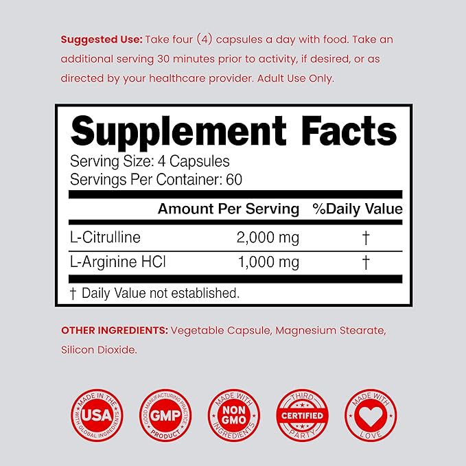 L Arginine L Citrulline Supplement 3000mg (240 Capsules) Nitric Oxide Pills for Men - Stamina, Endurance, Performance for Workouts - NO Supplements for Men - Gluten Free, Non-GMO, Vegan Capsules