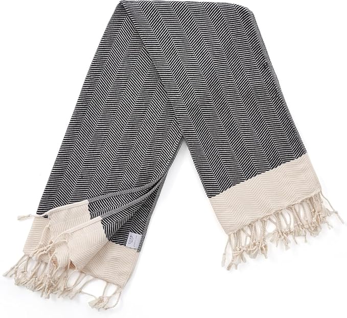 BAY LAUREL Turkish Hand Towel – Pack of 2 | Soft & Absorbent Decorative Towels for Bathroom, Hand, Face, Hair, Gym, Yoga, SPA, Kitchen & Tea | Boho Decor (Black, Herringbone 15x26 Inches (Set of 2)