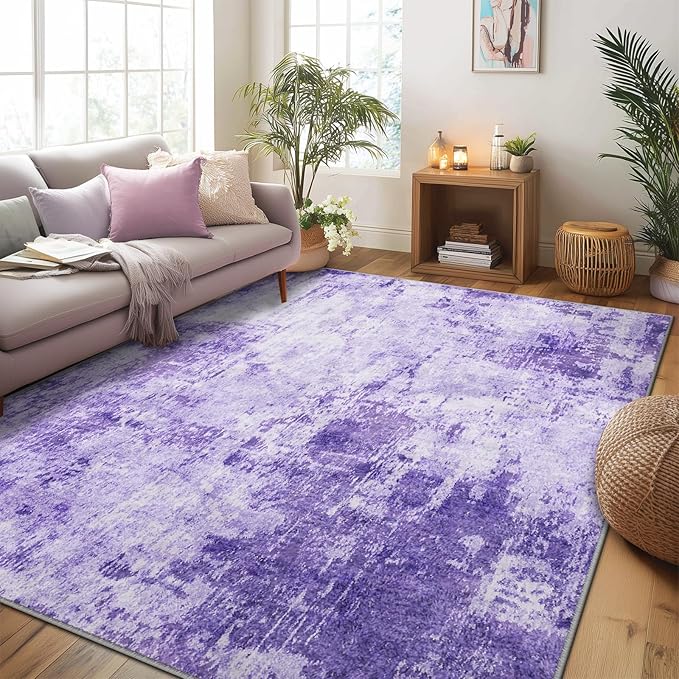 RELEANY Washable 5'x7' Abstract Area Rug for Living Room Purple | carpet for bedroom, kitchen, office, hallway and entryway, printed pattern, non-slip, soft, stain-resistant, easy to clean