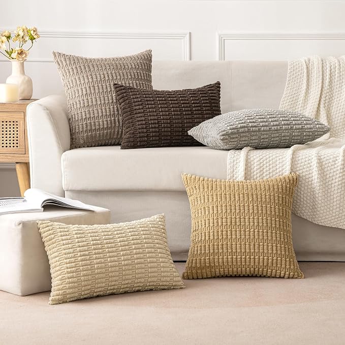 MIULEE Euro Sham Corduroy Decorative Throw Pillow Covers 22x22 Tan Set of 2 | Soft Neutral Boho Striped Pillow Covers Modern Farmhouse Home Decor For Sofa Living Room Couch Bed
