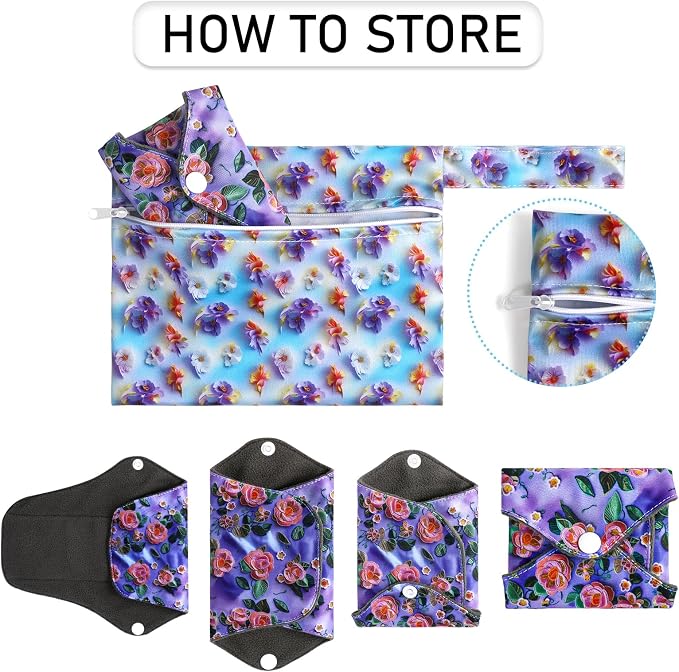 PHOGARY 7 Packs Reusable Menstrual Pads with Wings for Women, Washable Overnight Cloth Panty Liners Sanitary Pads for Heavy Flow with Wet Bag