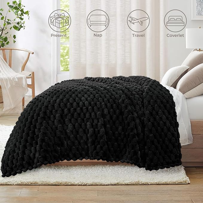 Whale Flotilla Soft Fleece King Size Bed Blanket Luxury 3D Jacquard, Black | Lightweight Breathable Coverlet Bedspread for All Seasons, Super Cozy Plush Fluffy Fuzzy Decorative Blanket for Bed, 90"x104"