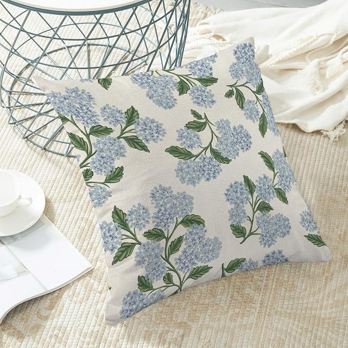 AEIOAE Spring Pillow Covers 16x16 Inch Set of 2, Green Blue Hydrangea Flower Throw Pillows Case,Floral Summer Outdoor Seasonal Decorative Farmhouse Decor Cushion Covers for Home Sofa Bed Couch