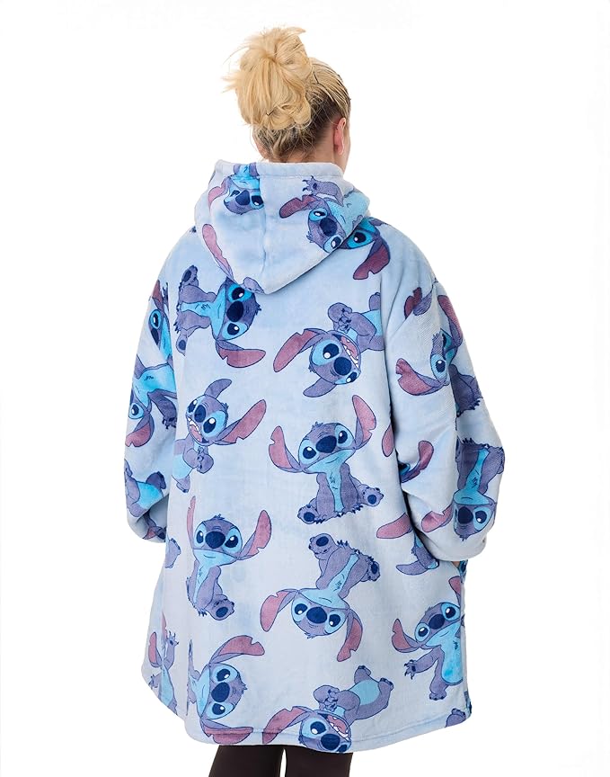 Disney Lilo & Stitch Womens Wearable Blanket Hoodie | Adults Hooded Zip Fleece in Blue | Stitch Character Print Loungewear
