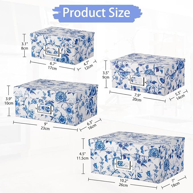Briful Decorative Storage Boxes with Lids 4 Pack, Blue and White Chinoiserie Floral Cardboard Nesting Photo Boxes, Stackable Keepsake Photo Organizers for Home Shelf Bedroom Office