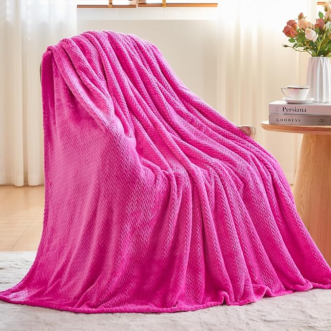 NEWCOSPLAY Fleece Leaves Pattern Throw Blanket, Hot Pink, 50"x60" | Super Soft Throw Blanket, Lightweight Cozy Bed Sofa Blanket, Premium Silky Flannel Fleece, Travel Blanket for All Season Use