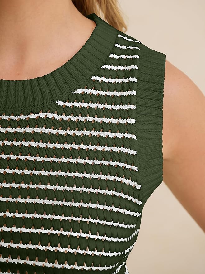 ANRABESS Womens Sleeveless Sweater Vest Striped Tank Tops | Crochet Knit Crew Neck, Lightweight Soft Comfy, Vacation Travel Work Casual Outfits, Sping Summer Layering Clothes
