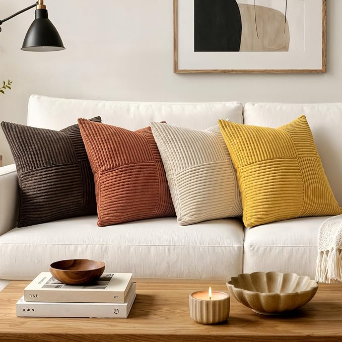 MIULEE Mustard Yellow Decorative Throw Pillow Covers for Couch 18x18 Inch | 2 Pack, Boho Farmhouse Pillow Covers, Soft Cross Corduroy Patchwork Textured Cushion Cases For Bed Sofa