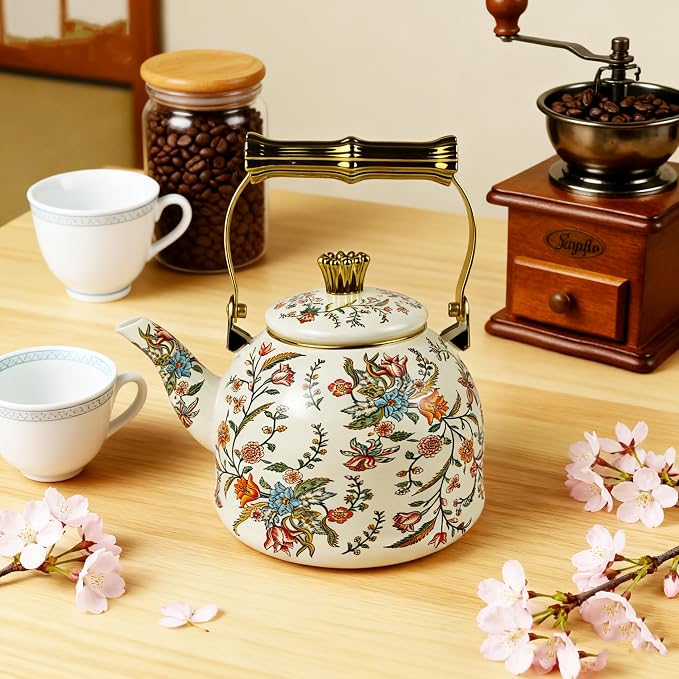 Vintage Enamel Tea Kettle Boho Floral Stovetop Teapot 2.5L Colorful Bohemian Enamel Kettle Kitchen Decor Hot Water Coffee Pot with Gold Handle