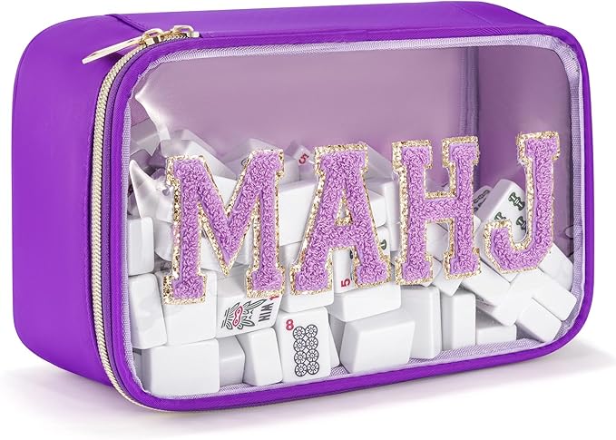 Mahjong Tiles Bag,Empty Thickened American Mahjong Bag with Zipper Suitable for 1.2"(30mm) Standard Size Waterproof Mahjong Storage Case Accessories Gifts for Game Lover Travel Women(MAHJ,Purple)
