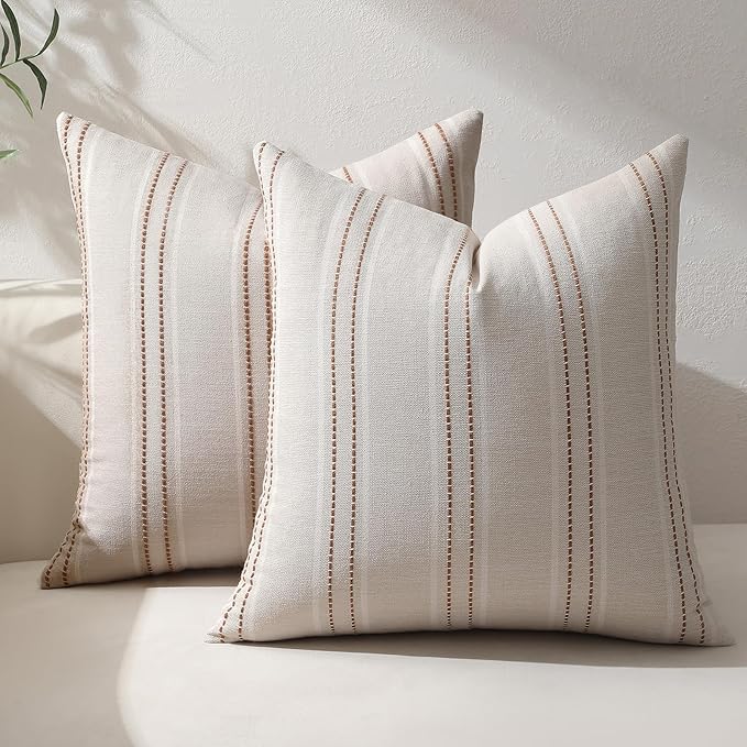 Hckot Rust Throw Pillow Covers 20x20 Set of 2 Striped Fall Pillow Covers Textured Linen Decorative Pillows Square Cushion Covers for Sofa Couch Bed Living Room Farmhouse Decor(Caramel)
