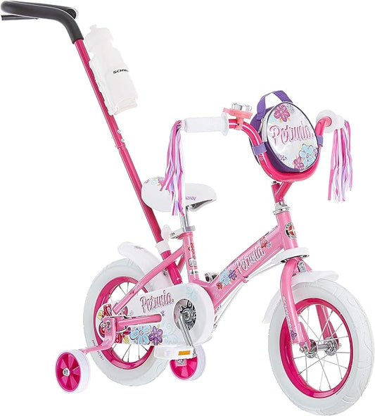 Schwinn Petunia and Grit Bike, 12 Inch Bike for Kids Ages 2-4, Orange, Teal, Pink or Blue, Steerable Beginner Bicycle with Training Wheels, Parent Push Handle, Rear Coaster Brake, Adjustable Seat