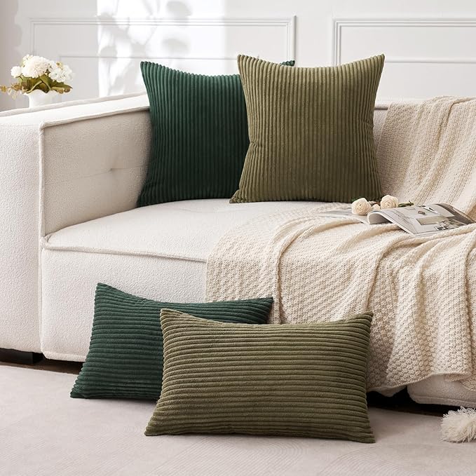 MIULEE Decorative Corduroy Throw Pillow Covers Set of 2 20x20 Army Green | Soft Striped Textured Cushion Cases, Boho Natural Greenery Pillowcases for Home Decor, for Couch Chair Sofa Bed Living Room