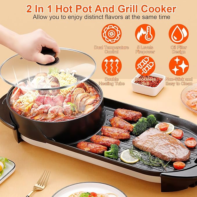 Hot Pot with Grill, 2 in 1 Korean BBQ Grill Shabu Shabu Hot Pot, 2200W Indoor Smokeless Hotpot Pot Combo Electric W/Large Baking Tray, Divider & Separate Dual Temperature Control for 2-12 People, 110V