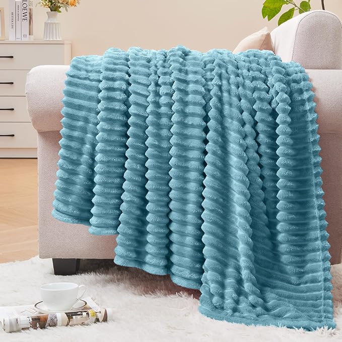 BEDELITE 3D Ribbed Washed Blue Fleece Throw Blanket for Couch, 50x60 Inch | Soft Warm Decorative Fluffy Blanket, Cozy Plush Lightweight Fuzzy Throw Blanket for Bed Sofa Home Room Decor, Gift for Women