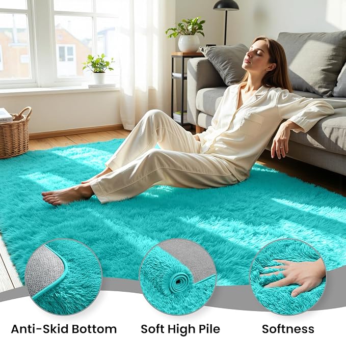 8x10 Area Rug for Living Room, Ultra Soft Fluffy Turquoise Rugs for Bedroom, Non Slip Large Shag Carpet, Fuzzy Plush Nursery Rug, Thick Washable Indoor Floor Carpets for Kids Office Dorm Home Decor