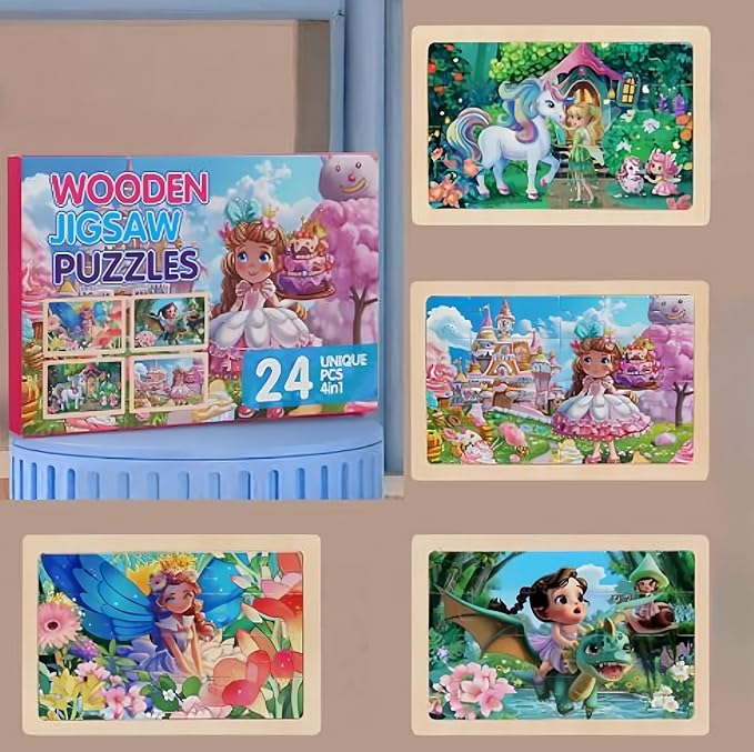 Wooden Jigsaw Puzzles for Kids Ages 3-6, 4 Pack with Animals/Princesses/Dinosaurs/Vehicles Preschool Educational Toys, Toddler Puzzles Gift for 3 4 5 Year Old Boys Girls (Princesses)