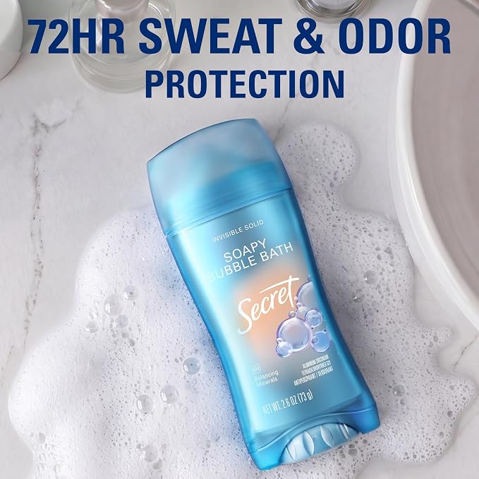 Secret Fresh Antiperspirant Deodorant for Women, 72hr Breathable Sweat & Odor Protection, Instant Freshness & Gentle, PH Balancing Minerals, Invisible Solid, Soapy Bubble Bath Scent, 2.6 oz
