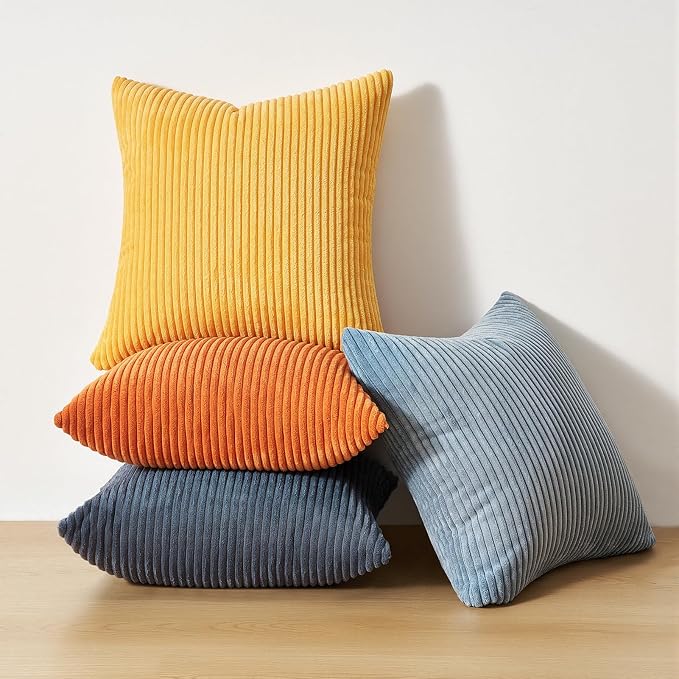 Topfinel Burnt Orange and Blue Couch Pillows Pack of 4 Decorative 16x16 Inch Velvet Pillow Covers for Bed Accent Modern Corduroy Pillowcase Sofa Livingroom Home Decor