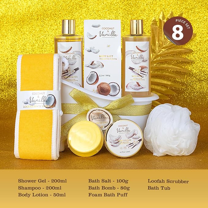 Spa Gifts for Women & Men Coconut Vanilla Bath & Body Self Care Gift Basket | Perfect Gifts Mom, Birthday Gift, All Occasion Holiday Present Spa Gift Basket for Women & Men Pamper Kit- 8-Piece Bath Kit