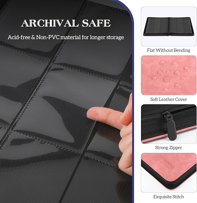Trading Card Binder, 9 Side Loading Pocket Card Album Hold Up to 540 Cards, Zipper Binder for Cards Collection, TCG Card Holder for Game Card, Sports Card, Yugioh, MTG etc.（Pink 9）