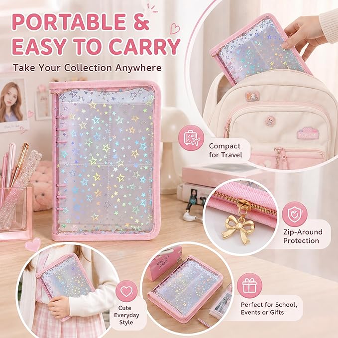 4 Pocket Card Binder for Girls with 20 Stickers, A5 Kpop Photocard Binder, Trading Card Binder for 400 Cards, Card Collection Binder, Sticker Organizer (Pink)