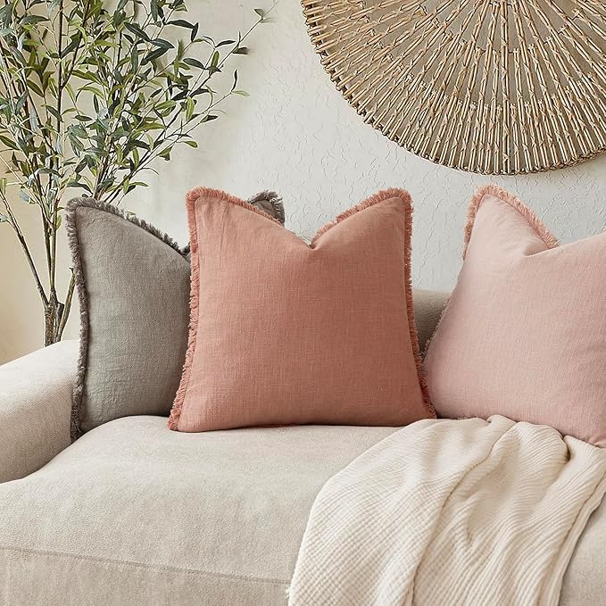 Foindtower Set of 2 Decorative Linen Fringe Throw Pillow Covers Cozy Boho Farmhouse Cushion Cover with Tassels Soft Accent Pillowcase for Couch Sofa Bed Living Room Home Decor,22×22 Inch,Coral Pink