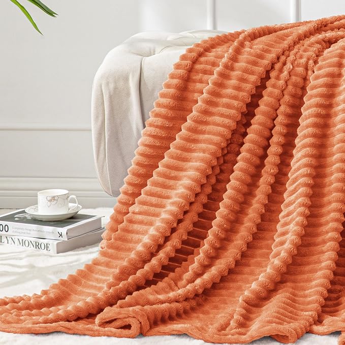 BEDELITE 3D Ribbed Burt Orange Fall Throw Blanket for Couch, 50x60 Inch | Soft Warm Decorative Fluffy Blanket, Cozy Plush Lightweight Fuzzy Throw Blanket for Bed Sofa Room Fall Decor, Gift for Women