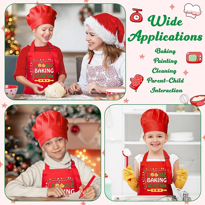 R HORSE 2Pcs Christmas Kid Apron and Chef Hat Set, Xmas Red Adjustable Children Red Kitchen Apron, Dress up Role Play Chef Toy Cooking Baking Painting Training Kits for Kids Birthday Christmas Gift