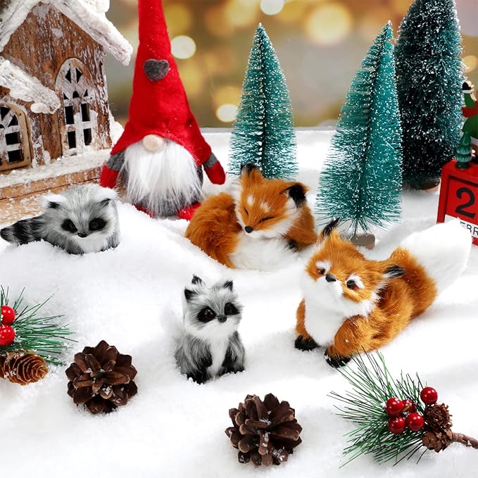 4 Pcs Simulation Fur Toy Christmas Decor Mini Fox Animal Model Stuffed Cute Furs Plush Raccoon Fox Squatting Sleeping Animals World with Static Action Figures for Home Office Desktop Decoration