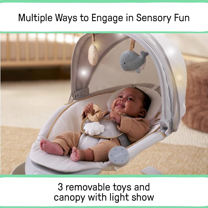 Ingenuity InLighten Baby Swing, 3-in-1 Bounce, Sway & Stationary Seat, Bluetooth Music, Light-Up Canopy, Remote Control, Vibrations, 5-Point Harness, Pebble Shore
