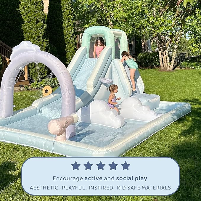 Bounceland Splash N’ Dash Dream Water Slide, 14.4ft L x 9.1ft W x 6.8ft H inflated Size, Outdoor Fun w/Long Slide, Giant Splash Pool, Water Spray, Climbing Wall, Active Play for Kids