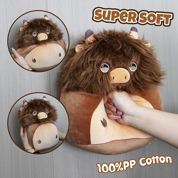 Easfan 12" Highland Cow Plush Pillow Soft Brown Cow Plush Toy Cute Stuffed Animal Home Room Decoration Birthday Festival Gifts for Kids Toddlers