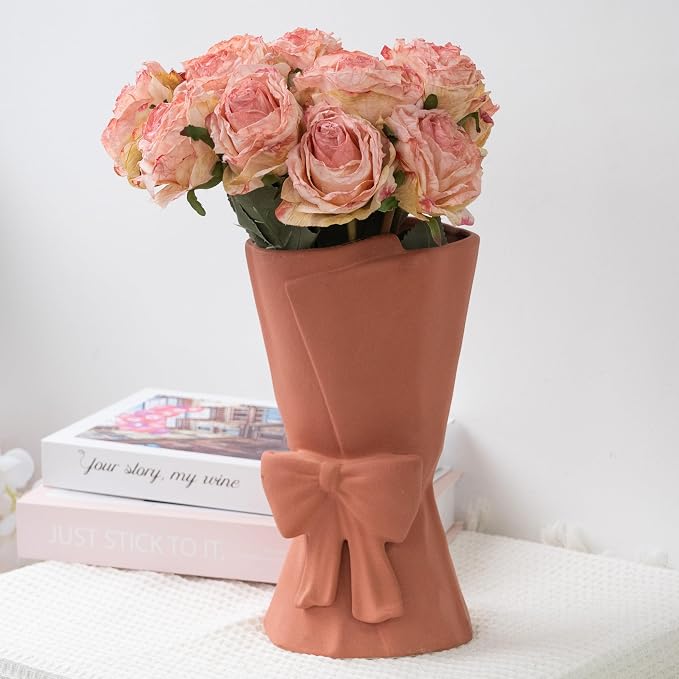 Relexome Pink Ceramic Bow Vase 9.64 in Unique Cute Modern Decorative Bouquet Flower Vases for Home Living Room Table Decor Women Girl Gifts